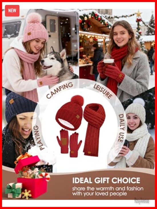 Fleece Lined Knitted Beanie Hat Scarf Gloves Set Touchscreen Mittens main image 6